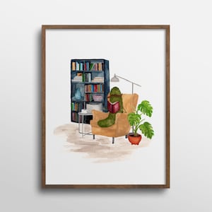 Whimsical Pickle Reading a Book in Library Book Nook Watercolor Art Print Mustache