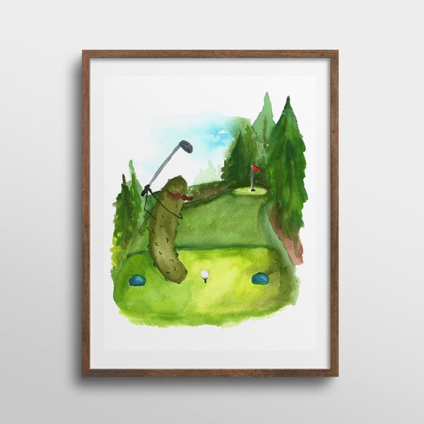 Whimsical Pickle with Mustache Playing Golf Watercolor Art Print