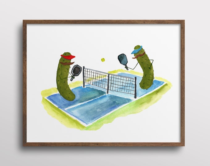 Whimsical Pickles with Mustaches playing Pickleball Watercolor Art Print