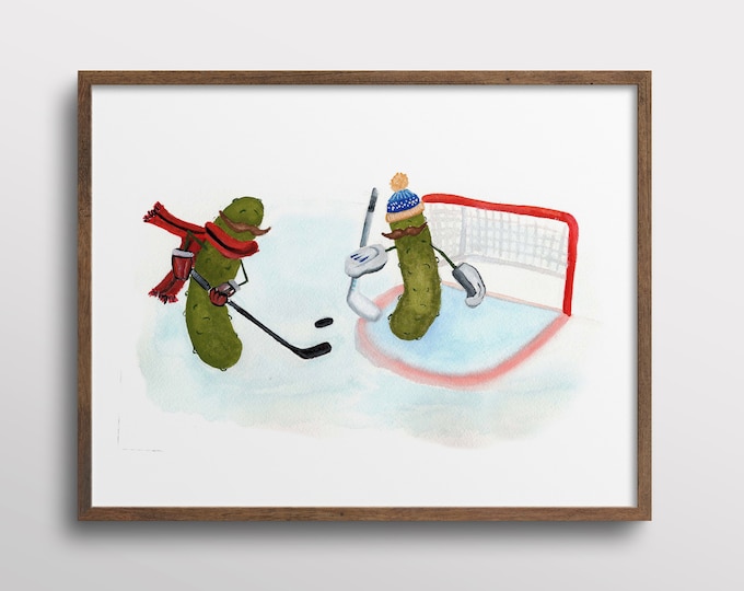 Whimsical Pickles with Mustaches playing Ice Hockey Watercolor Art Print