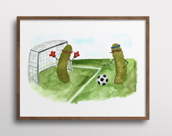 Whimsical Pickles with Mustaches playing Soccer Watercolor Art Print