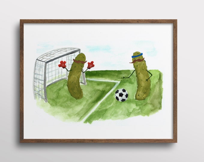 Whimsical Pickles with Mustaches playing Soccer Watercolor Art Print