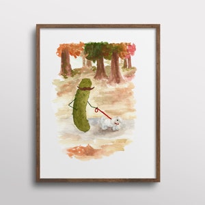 Whimsical Pickle Walking a Dog in the Park Watercolor Art Print