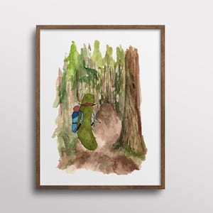 Whimsical Pickle Hiking through the Forest Watercolor Art Print