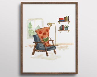 Whimsical Pizza Reading a Book in Library Book Nook Watercolor Art Print