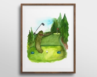 Whimsical Pickle with Mustache Playing Golf Watercolor Art Print