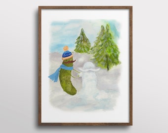 Whimsical Pickle in a Santa Hat Building a Snowman Watercolor Art Print