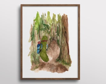 Whimsical Pickle Hiking through the Forest Watercolor Art Print