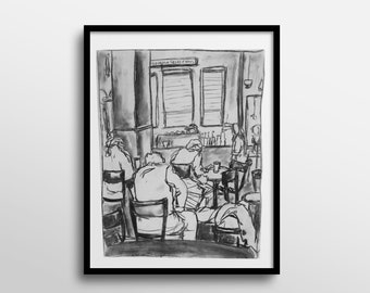 Black and White Coffee Shop Abstract Charcoal Drawing Art Print