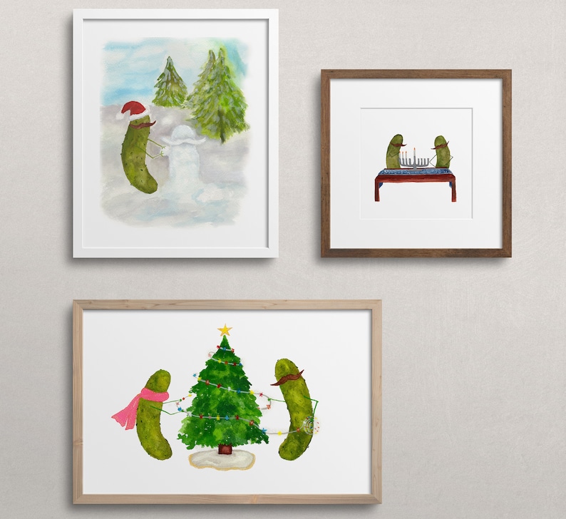 Whimsical Pickles with Mustaches Lighting the Menorah for Hanukkah Watercolor Art Print image 3