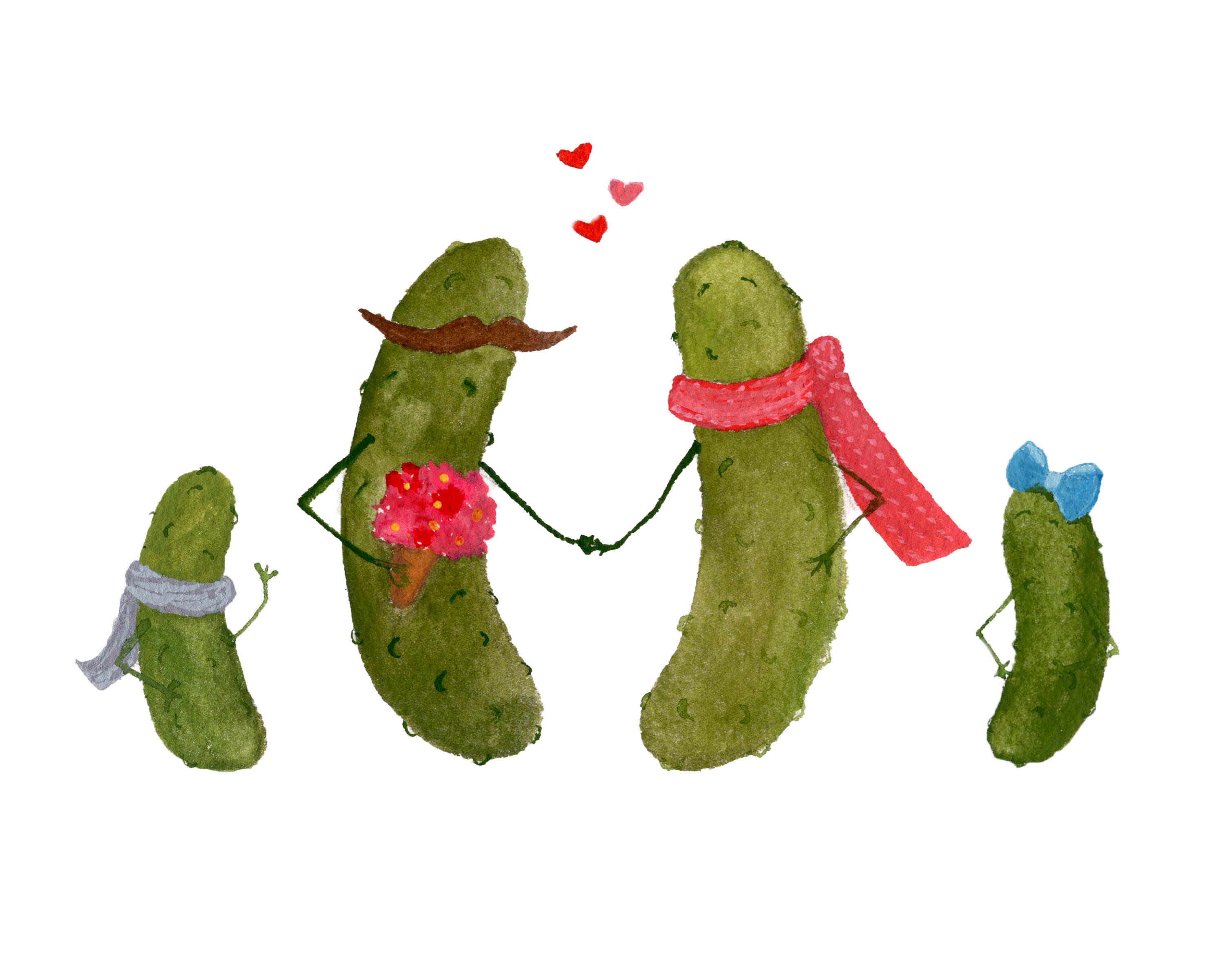 Whimsical Pickle Family With Mustaches Watercolor Art Print Etsy