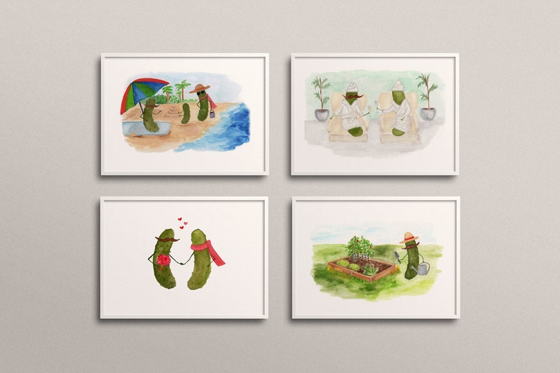 Whimsical Pickles with Mustaches Relaxing at the Spa Watercolor Art Print image 3