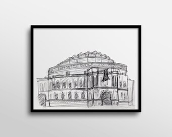 Royal Albert Hall London Black and White Abstract Charcoal Drawing Art Print