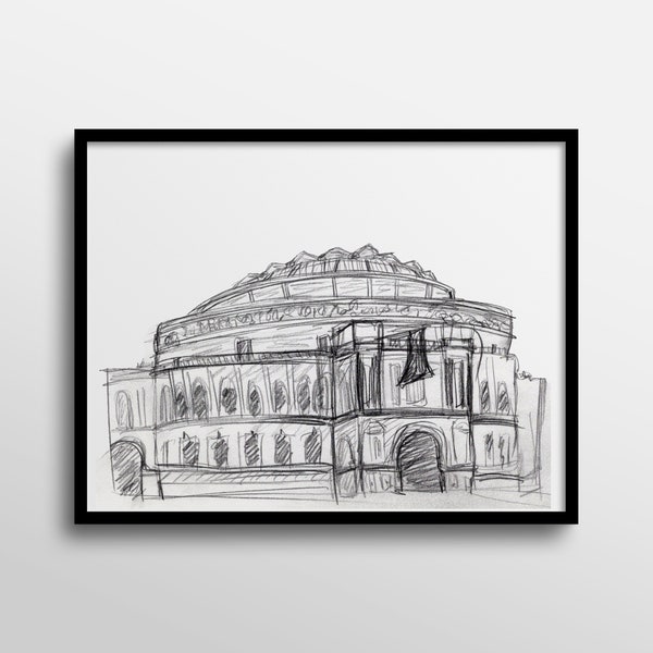 Royal Albert Hall London Black and White Abstract Charcoal Drawing Art Print