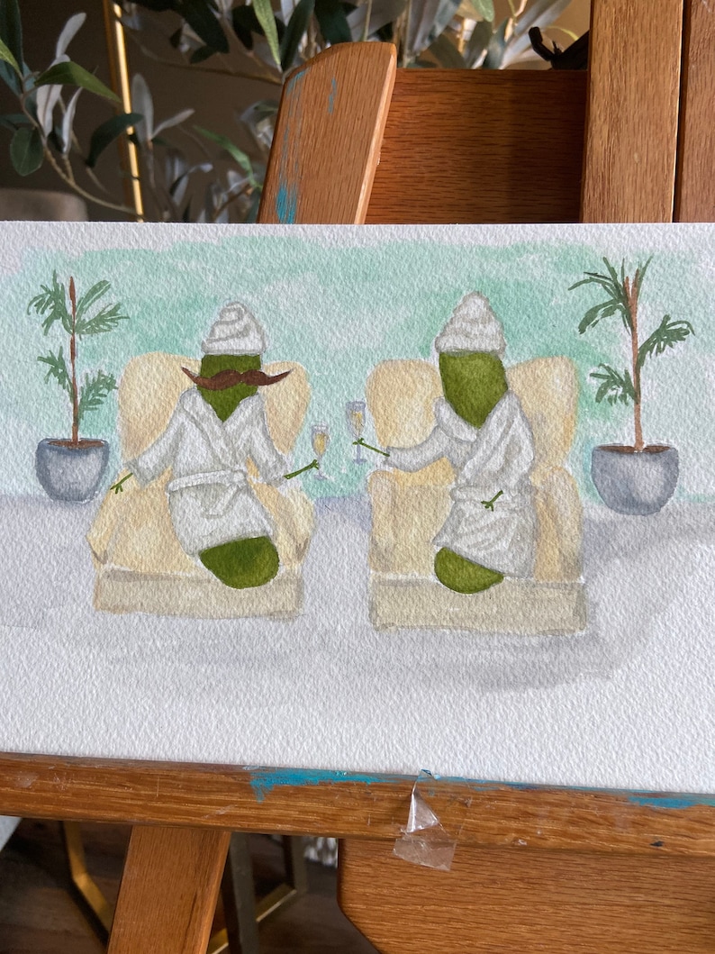 Whimsical Pickles with Mustaches Relaxing at the Spa Watercolor Art Print image 8