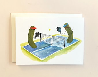 Whimsical Pickles Playing Pickleball Blank Greeting Card