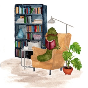 Whimsical Pickle Reading a Book in Library Book Nook Watercolor Art Print image 2