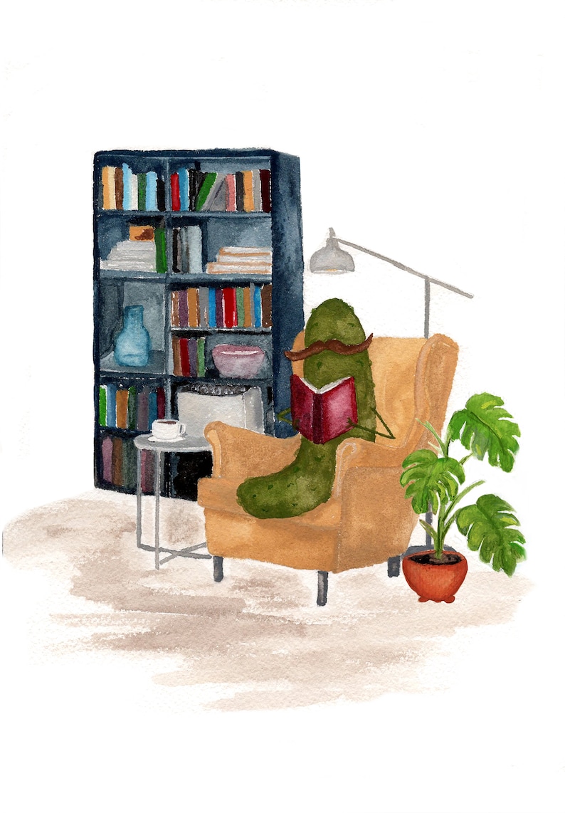 Whimsical Pickle Reading a Book in Library Book Nook Watercolor Art Print image 2