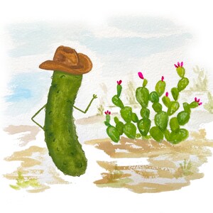 Whimsical Pickle with a Stetson Cowboy Hat next to Prickly Pear Cactus Watercolor Art Print No Mustache