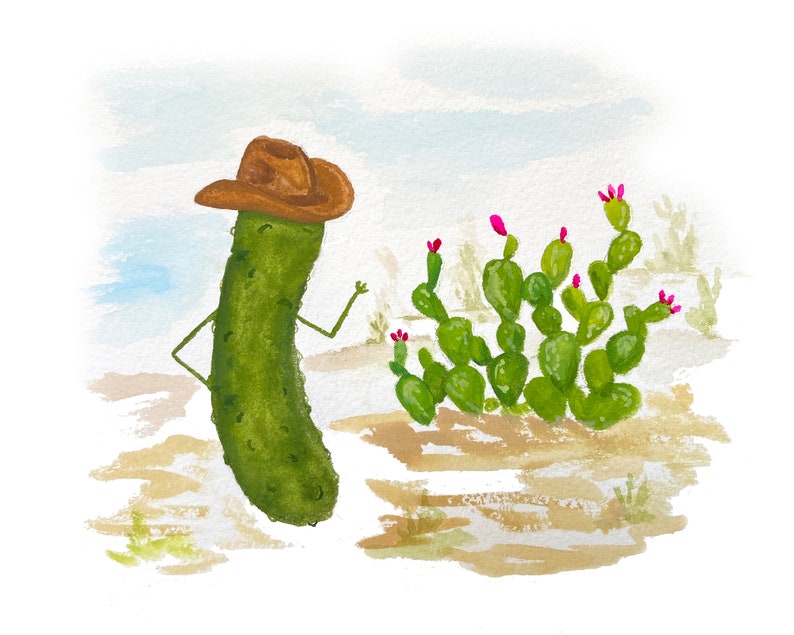 Whimsical Pickle with a Stetson Cowboy Hat next to Prickly Pear Cactus Watercolor Art Print No Mustache