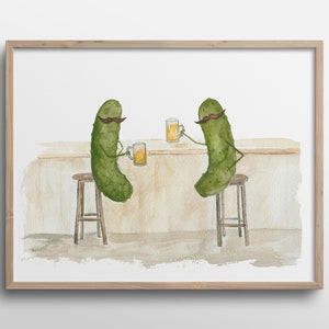 Whimsical Pickles with Mustaches having a Beer in the Pub Watercolor Art Print