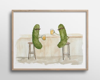 Whimsical Pickles with Mustaches having a Beer in the Pub Watercolor Art Print