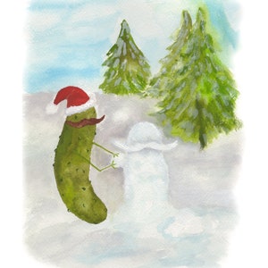 Whimsical Pickle in a Santa Hat Building a Snowman Watercolor Art Print Santa hat