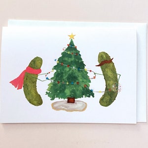 Whimsical Pickles decorating a Christmas Tree Blank Christmas Card image 1