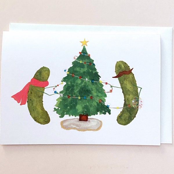 Whimsical Pickles decorating a Christmas Tree Blank Christmas Card