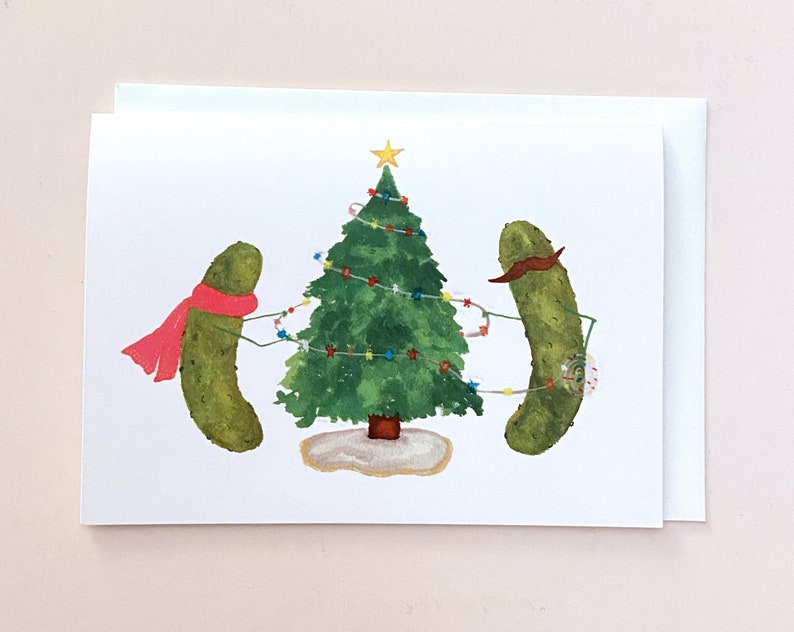 Whimsical Pickles decorating a Christmas Tree Blank Christmas Card image 1