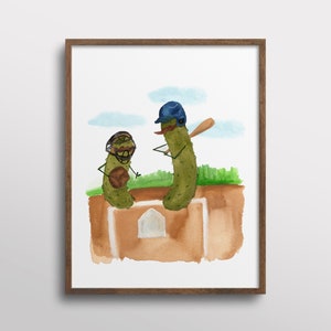 May include: A watercolor painting of two green pickles playing baseball. One pickle is wearing a catcher's mask and holding a baseball bat, while the other pickle is wearing a baseball cap and holding a baseball mitt.