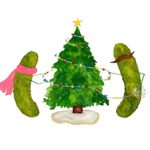 Whimsical Pickles decorating a Christmas Tree Blank Christmas Card image 4