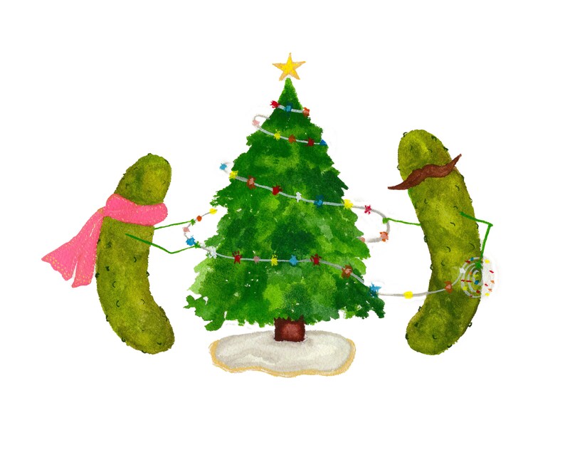 Whimsical Pickles decorating a Christmas Tree Blank Christmas Card image 4