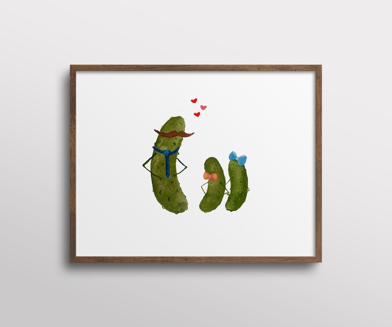 Whimsical Pickle Dad and Kids Family Personalized Watercolor Art Print image 1