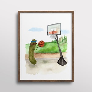 Whimsical Pickle with Mustaches playing Basketball Watercolor Art Print