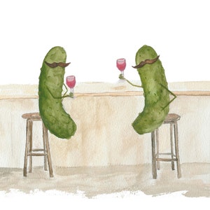 Whimsical Pickles with Mustaches Drinking Wine at the Bar Watercolor Art Print Mustaches