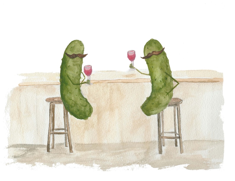 Whimsical Pickles with Mustaches Drinking Wine at the Bar Watercolor Art Print Mustaches