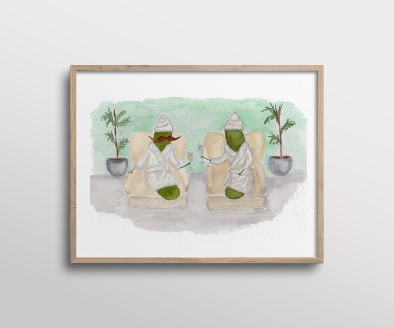 Whimsical Pickles with Mustaches Relaxing at the Spa Watercolor Art Print image 1