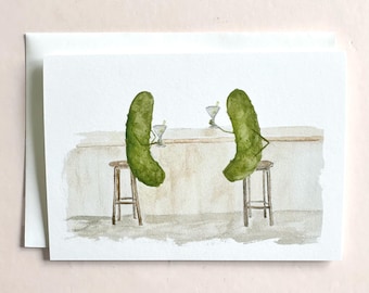 Whimsical Pickles Drinking Martinis at the Bar Watercolor Blank Greeting Card