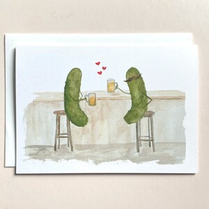 Whimsical Pickles with Mustaches having a Beer in the Pub in Love Watercolor Blank Greeting Card