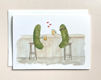 Whimsical Pickles with Mustaches having a Beer in the Pub in Love Watercolor Blank Greeting Card