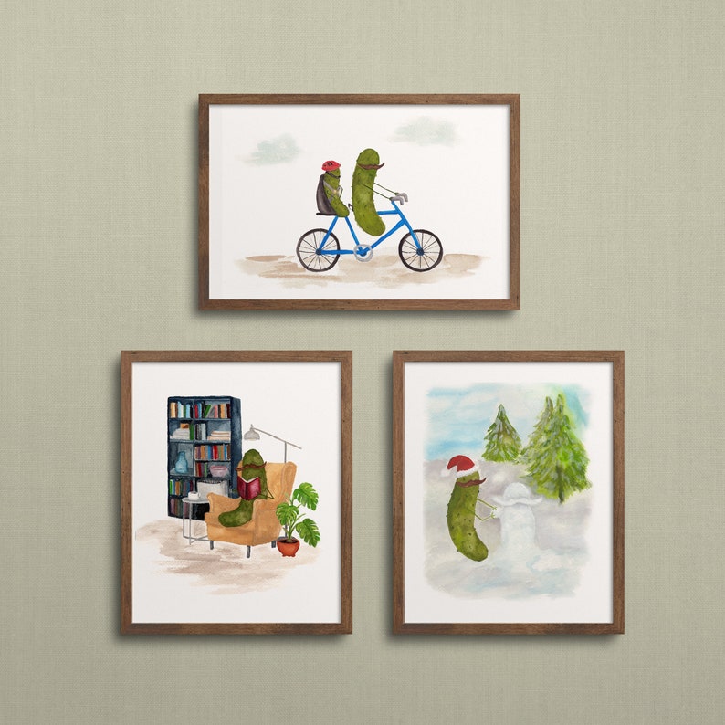 Whimsical Pickle in a Santa Hat Building a Snowman Watercolor Art Print image 5