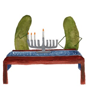 Whimsical Pickles with Mustaches Lighting the Menorah for Hanukkah Watercolor Art Print No Mustaches