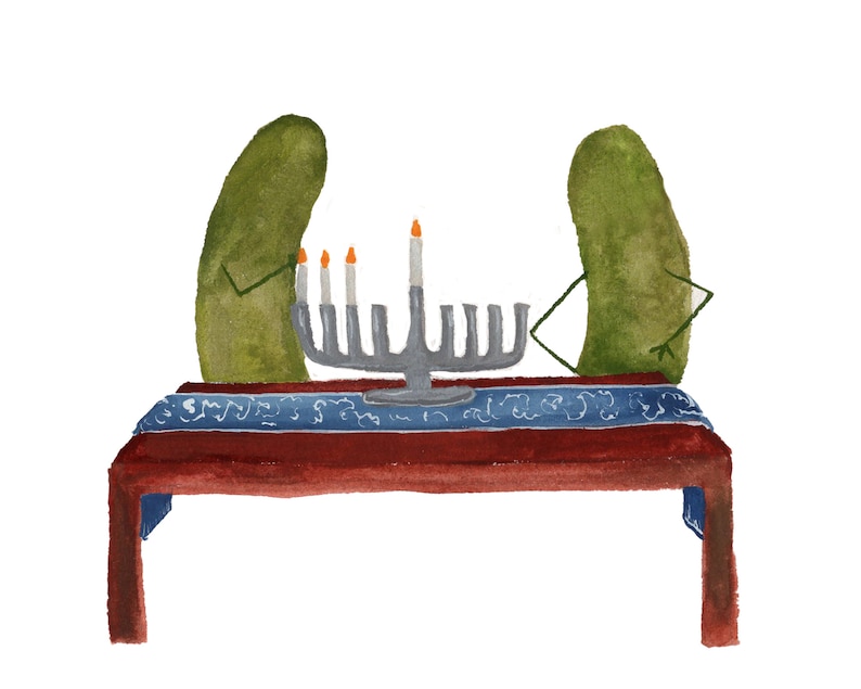 Whimsical Pickles with Mustaches Lighting the Menorah for Hanukkah Watercolor Art Print No Mustaches