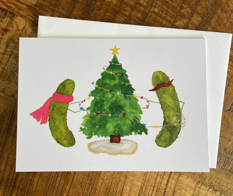 Whimsical Pickles decorating a Christmas Tree Blank Christmas Card image 2