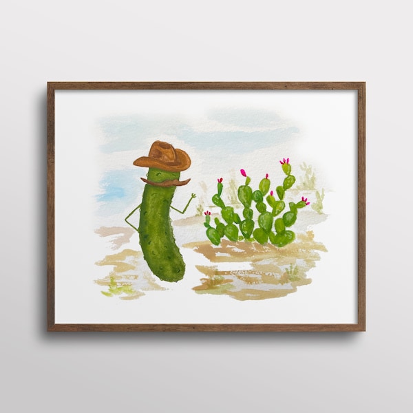 Whimsical Pickle with a Stetson Cowboy Hat next to Prickly Pear Cactus Watercolor Art Print