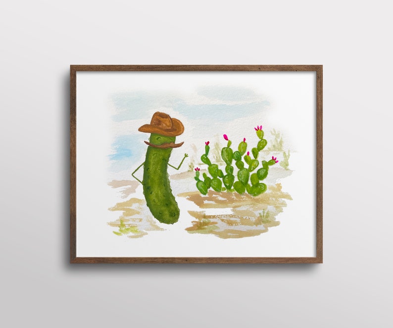 Whimsical Pickle with a Stetson Cowboy Hat next to Prickly Pear Cactus Watercolor Art Print image 1