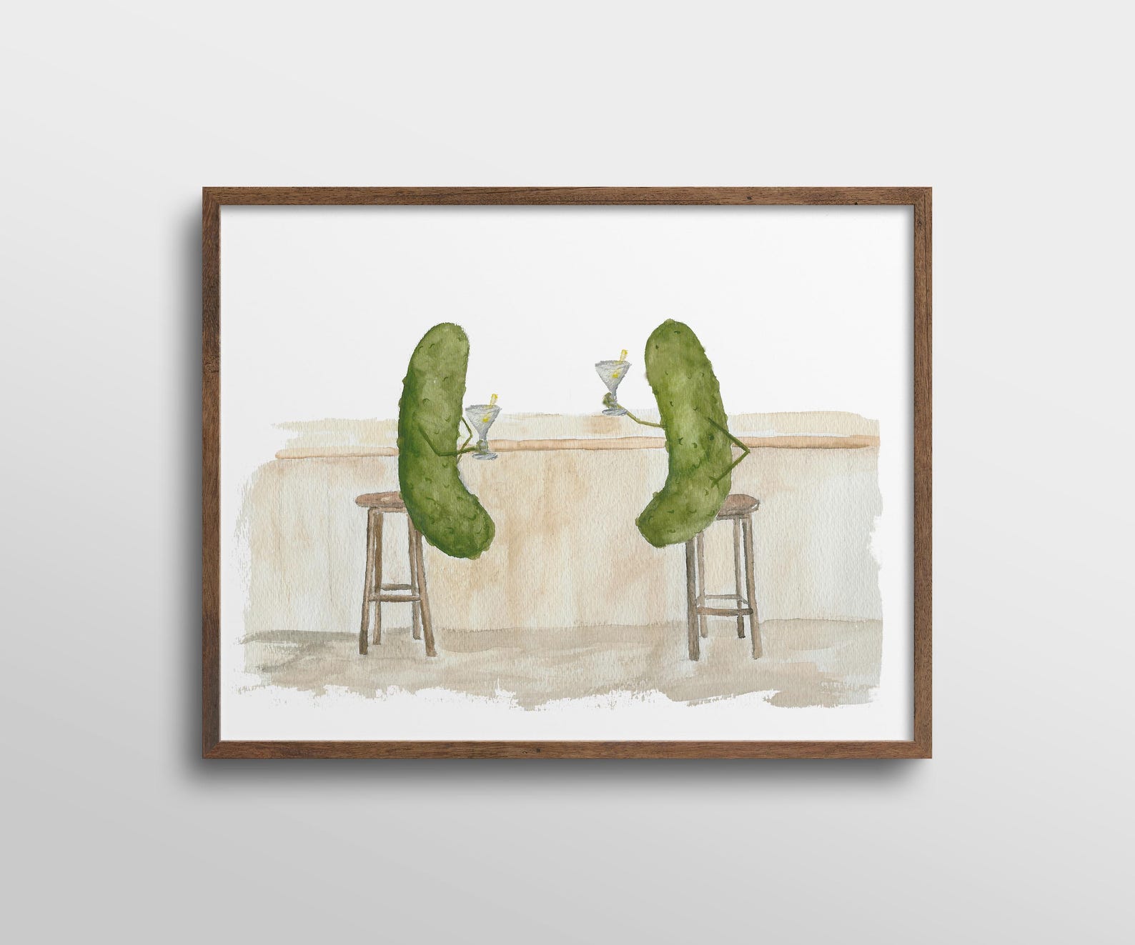 Whimsical Pickles Drinking Martinis at the Bar Watercolor Art Print