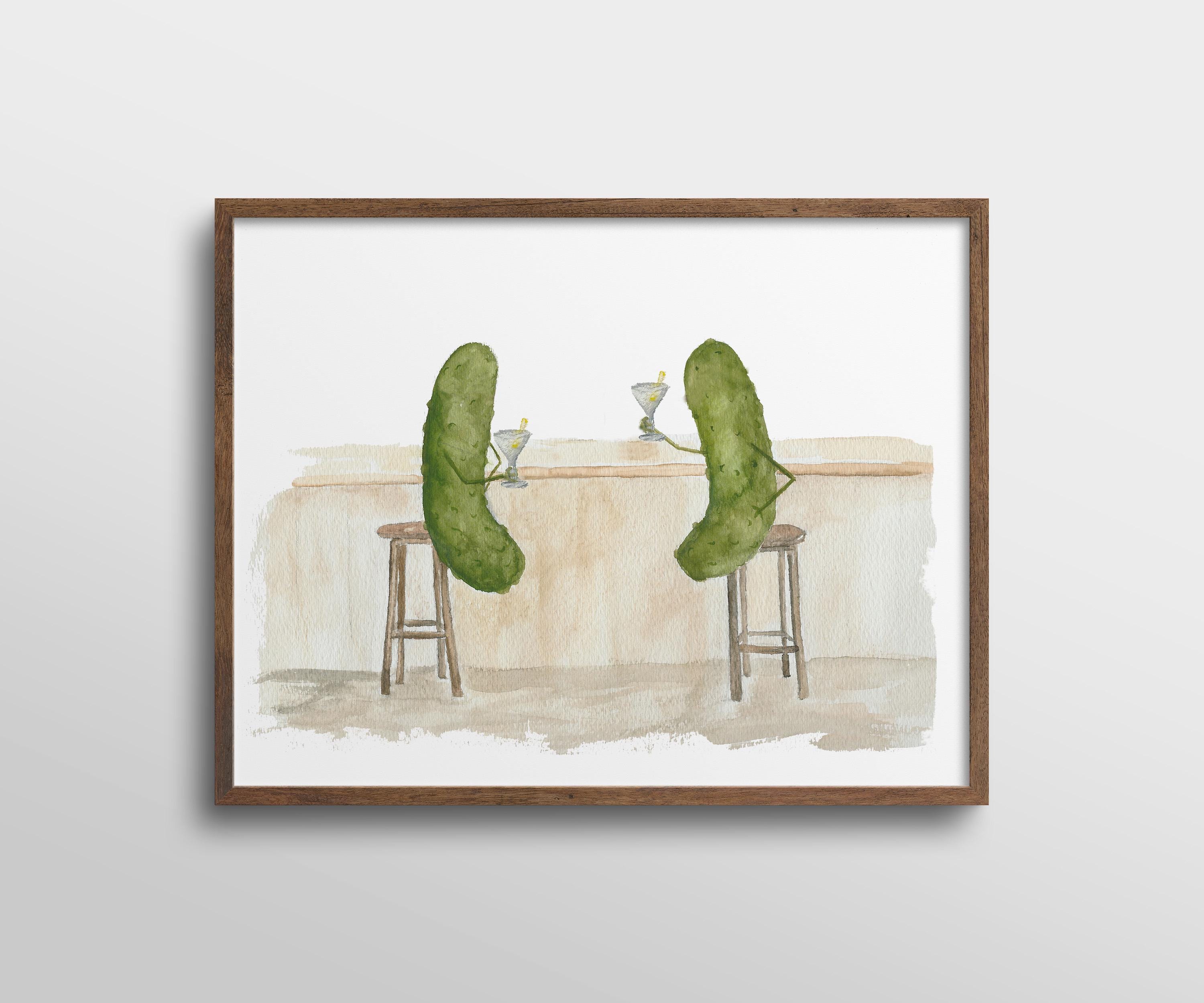 Whimsical Pickles Drinking Martinis at the Bar Watercolor Art Print