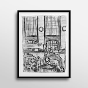May include: Black and white sketch of a grand train station interior with high ceilings, large windows, and a crowd of people. The sketch includes details like a clock, wreaths, and a ticket booth.